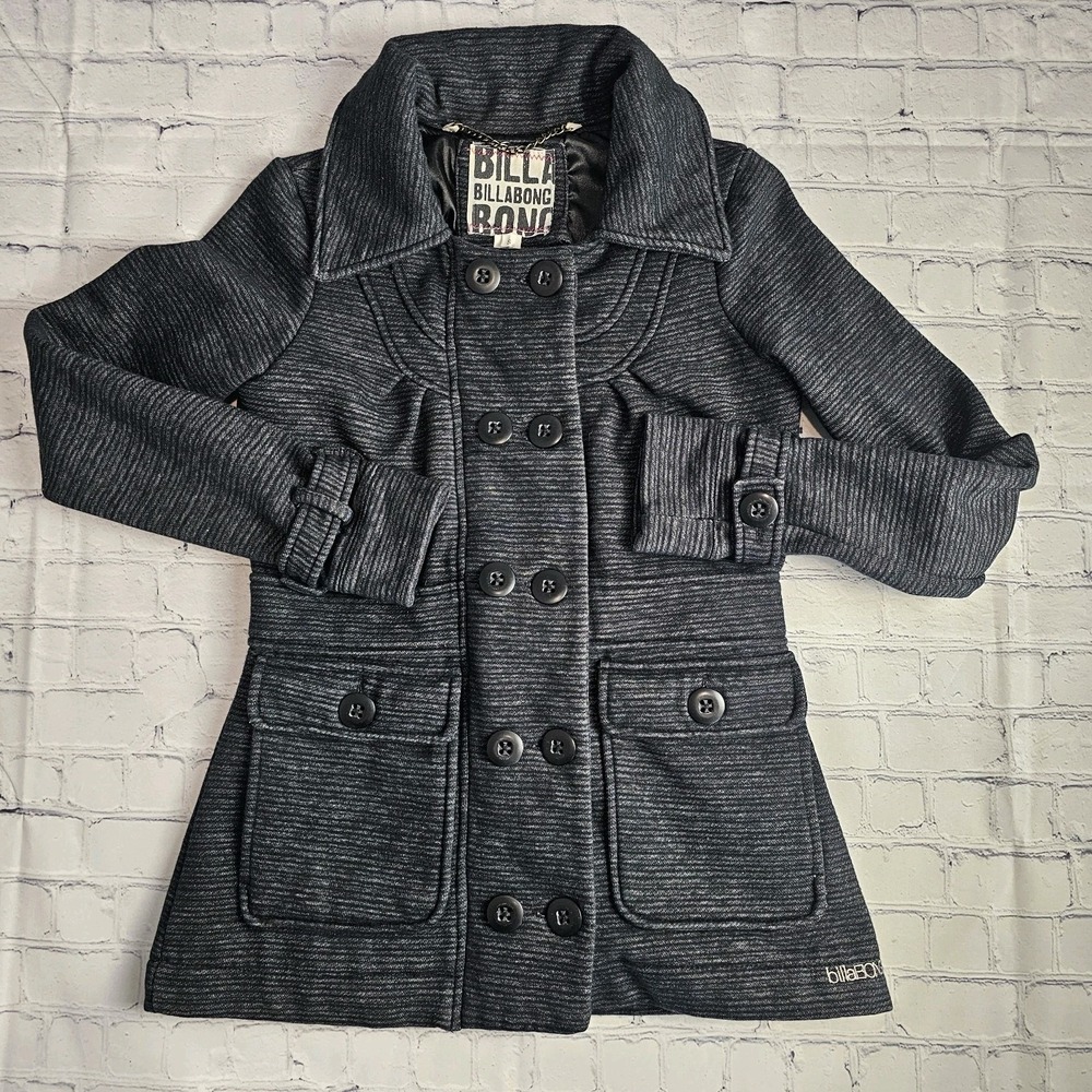 Billabong Small Pea Coat Gray Long Sleeve‎ Button Mid Length Pockets Y2K Vintage